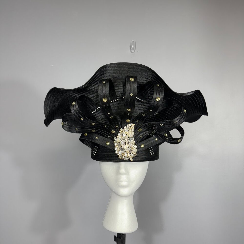 BEN MARC INTERNATIONAL BLACK CHURCH LADY HAT. JEWELED WITH ORNATE FRONT. - Picture 7 of 8